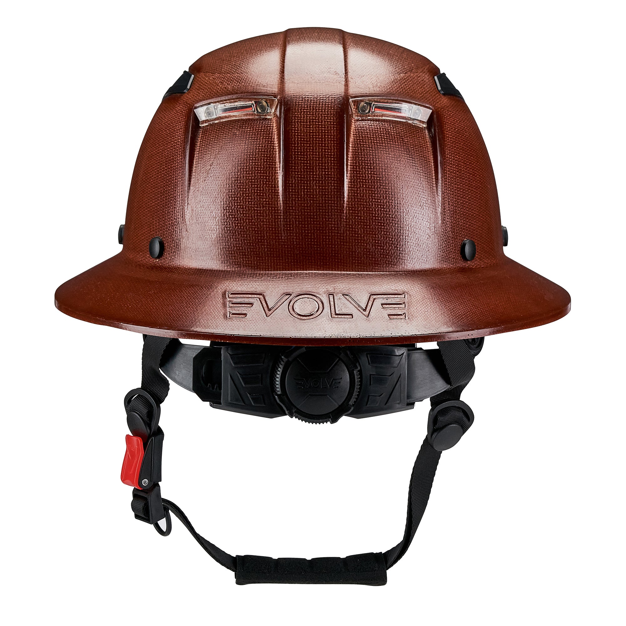 EVOLVE Brown Fiberglass Full Brim Helmet with Integrated Lights
