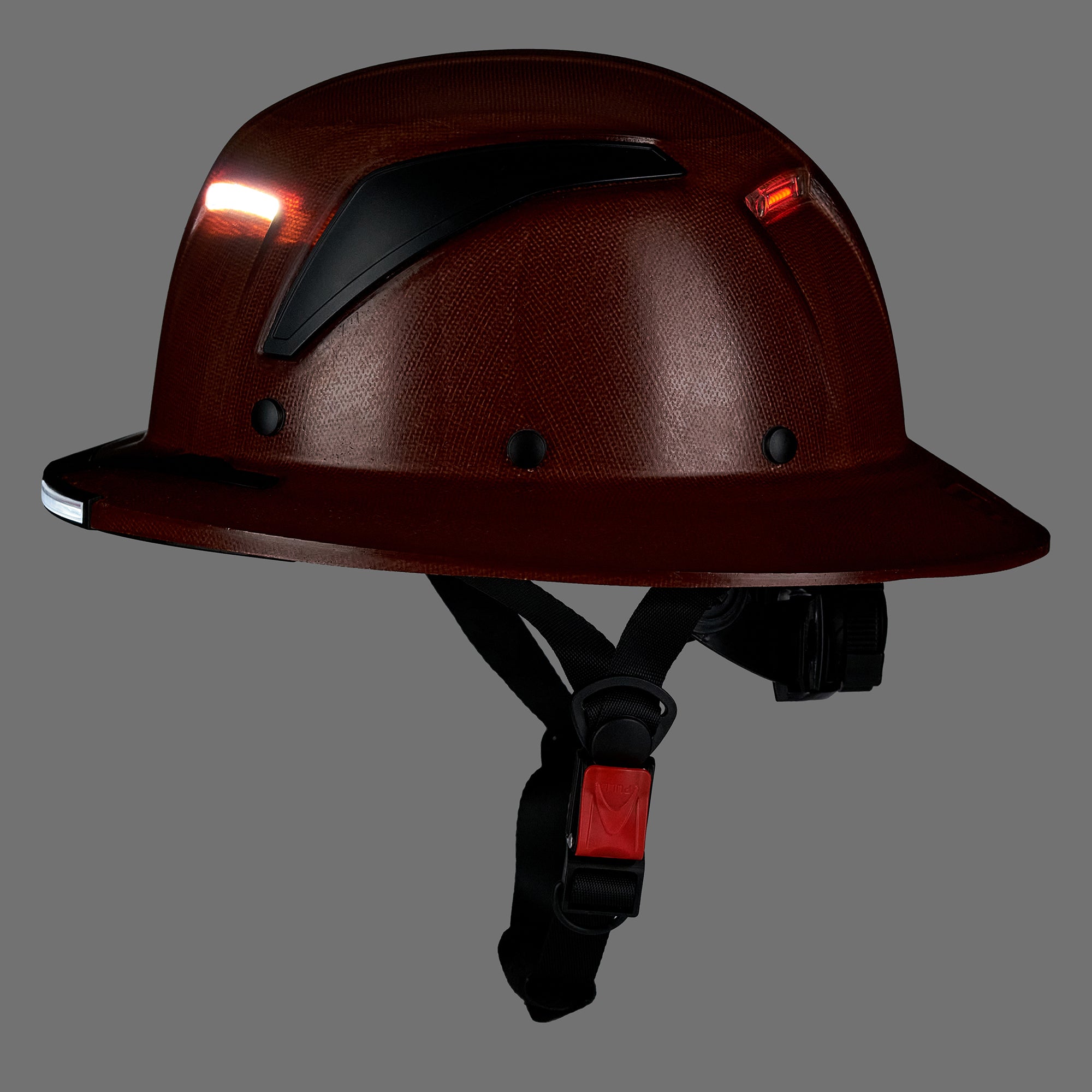 EVOLVE Brown Fiberglass Full Brim Helmet with Integrated Lights