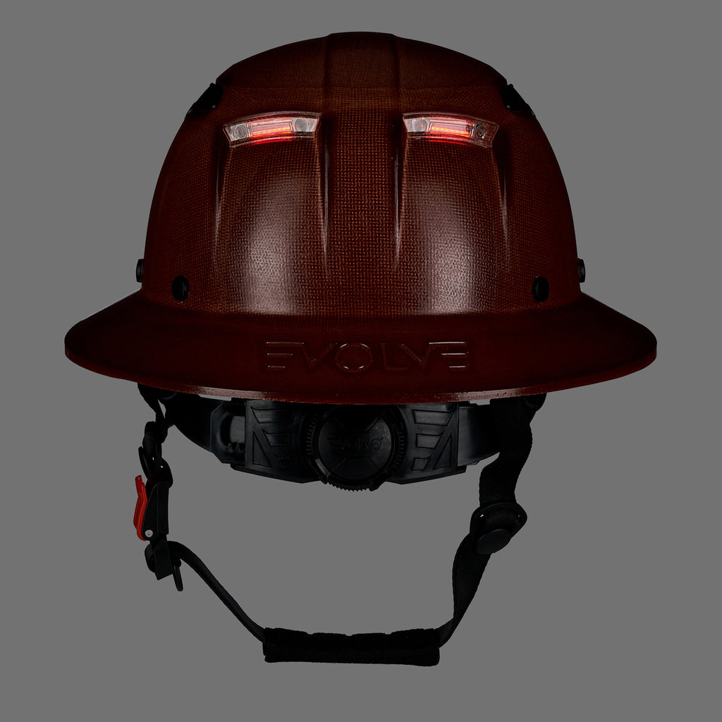 EVOLVE Brown Fiberglass Full Brim Helmet with Integrated Lights